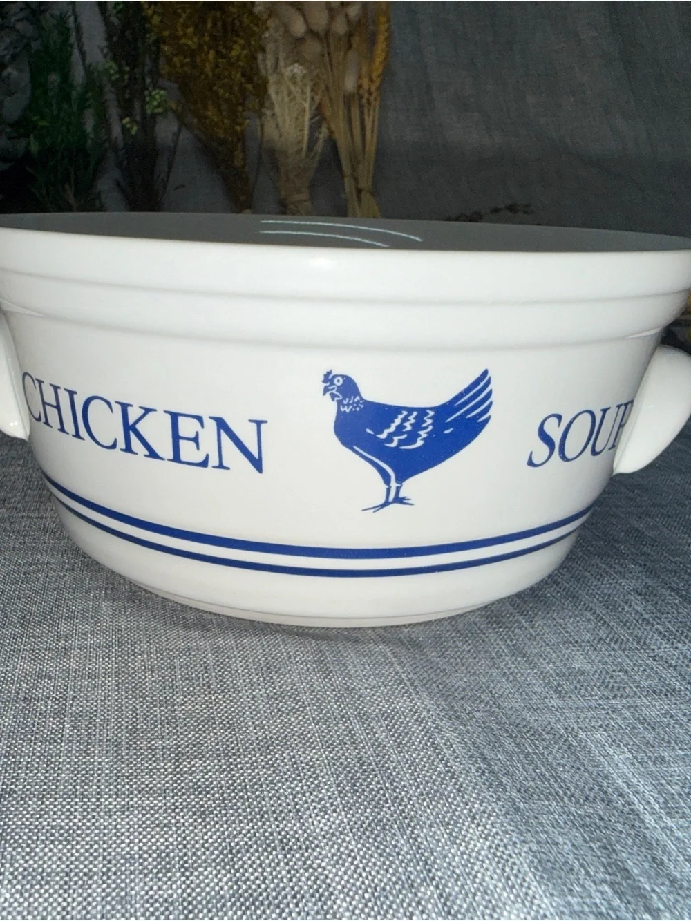 Vintage Chicken Soup Bowl Crock Blue White Milk Glass F.T.D.A Korea 6” Handles
